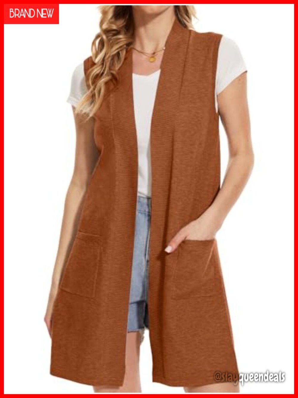 Sleeveless Open Front Cardigan Vest Long Sweater with Pockets